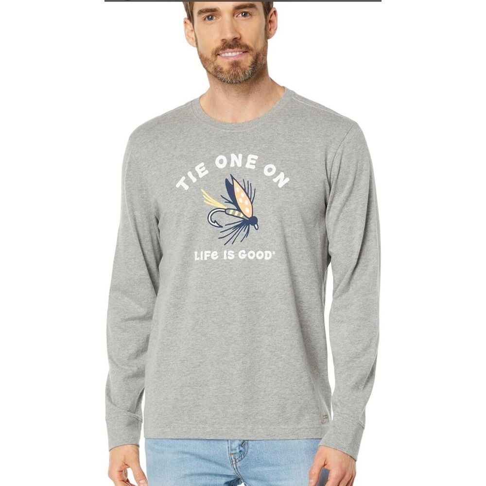 Life Is Good Mens Long Sleeve T Shirt Tie One On Fly Fishing Graphic Tee XL Grey